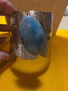 Silver Hammered Cuff Bracelet with Large Blue Stone